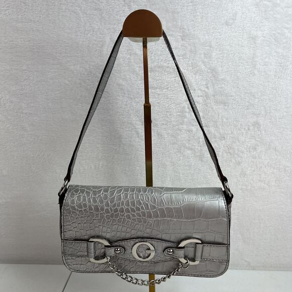 Vtg Y2K Guess Mini Bag Silver Croc Embossed Chain Accent Purse Handbag Retro - Picture 2 of 16